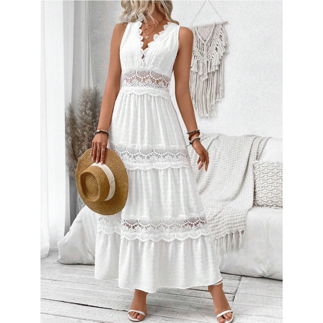 Robe sans manches en dentelle col V