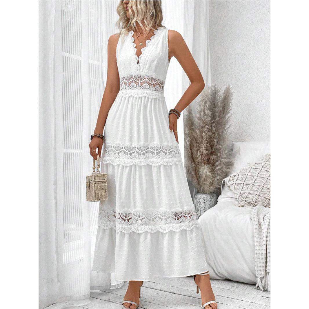 Robe sans manches en dentelle blanche à col V, longue et élégante, style bohème chic parfait été.