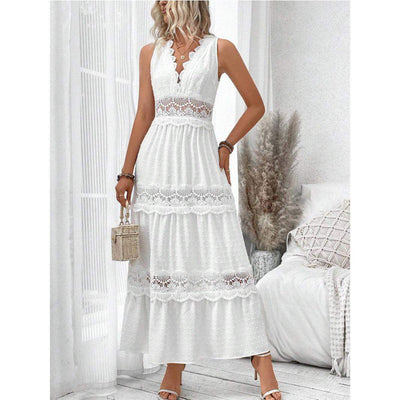 Robe sans manches en dentelle blanche à col V, longue et élégante, style bohème chic parfait été.