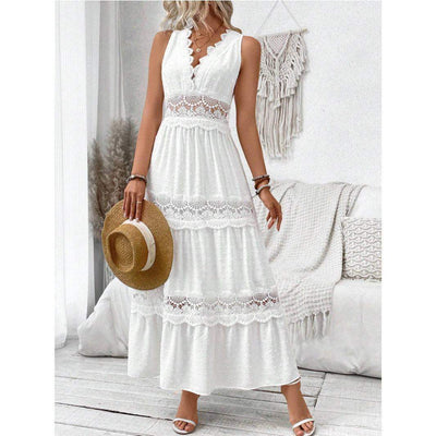 robe longue blanche sans manches en dentelle avec col en V style bohème chic estivale élégante