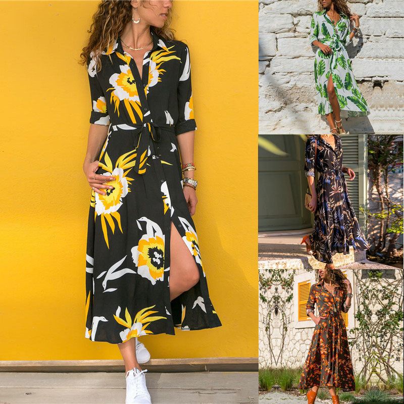 robe longue bohème élégante à imprimé fleuri, coupe fluide et féminine, modèle noir à fleurs jaunes, look confortable et léger, style chic décontracté pour journées ensoleillées