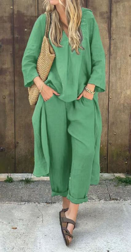 Ensemble 2 pièces femme vert, confortable et élégant, style décontracté avec poches pratiques.