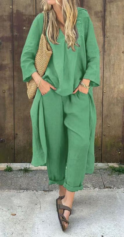 Ensemble 2 pièces femme vert, confortable et élégant, style décontracté avec poches pratiques.