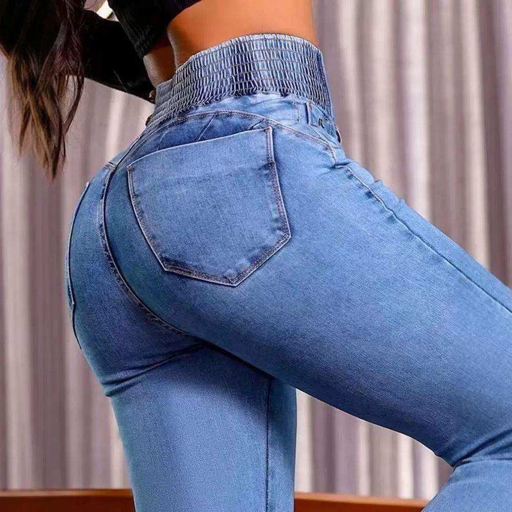 jean taille haute femme avec boutons et dos fronce