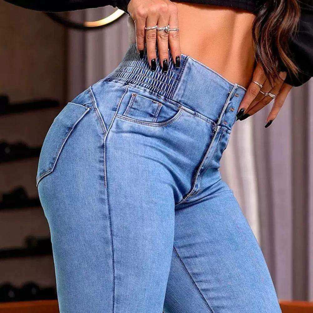 jean taille haute femme avec boutons et dos fronce