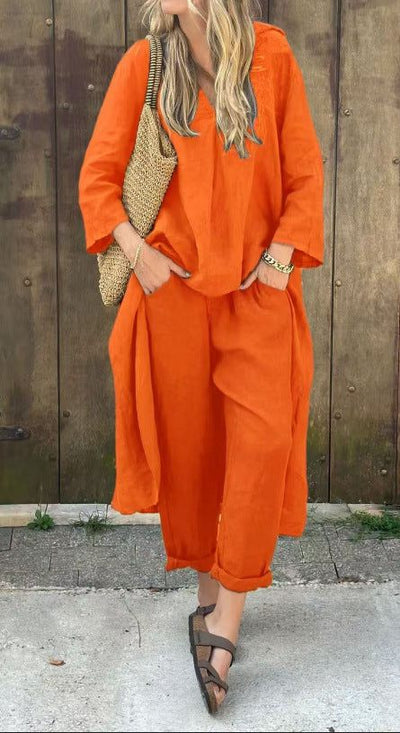 ensemble 2 pièces femme orange décontracté confortable élégant avec poches et pantalon ample