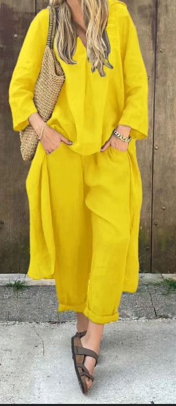 Ensemble 2 pièces femme jaune, style décontracté et élégant avec pantalon ample et haut à manches longues.