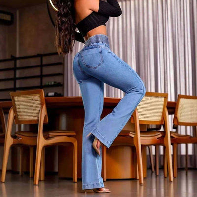 jean taille haute femme avec boutons et dos fronce
