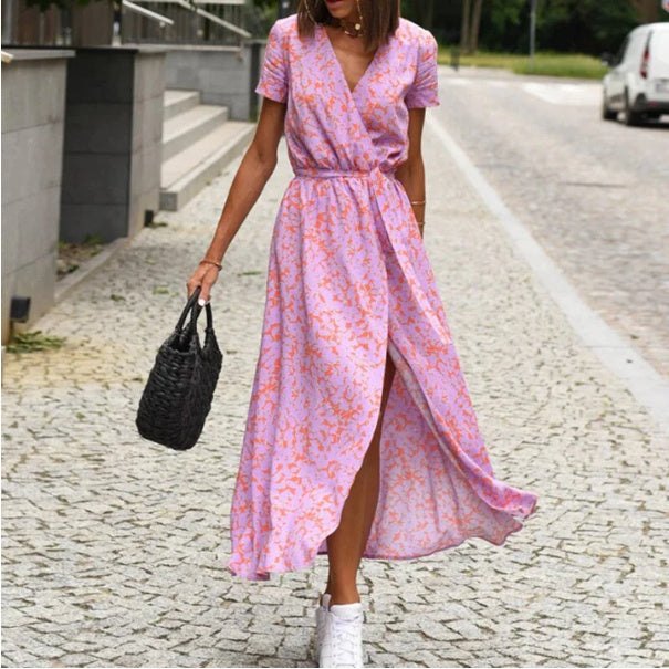 robe de plage femme fluide à imprimé floral avec coupe portefeuille et ceinture à nouer rose et orange