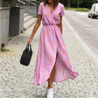 robe de plage femme fluide à imprimé floral avec coupe portefeuille et ceinture à nouer rose et orange