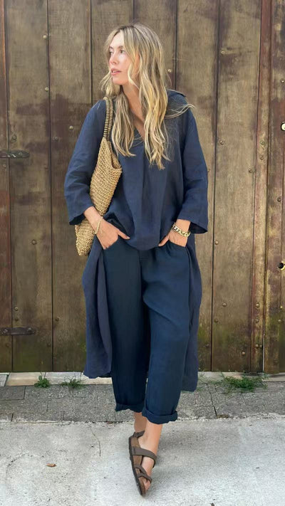Ensemble 2 pièces femme bleu marine décontracté avec pantalon et tunique confortable élégante pour un style urbain moderne