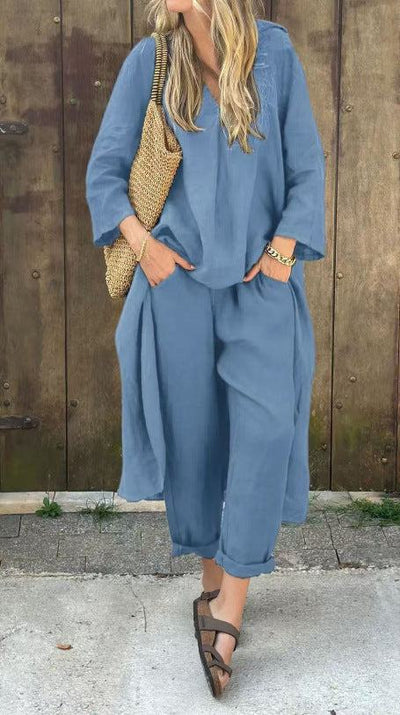 Ensemble 2 pièces femme bleu décontracté avec pantalon long et haut ample, style urbain et confortable.