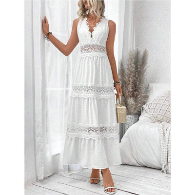 Robe sans manches en dentelle blanche avec col V, style bohème chic, longue et élégante pour l'été.