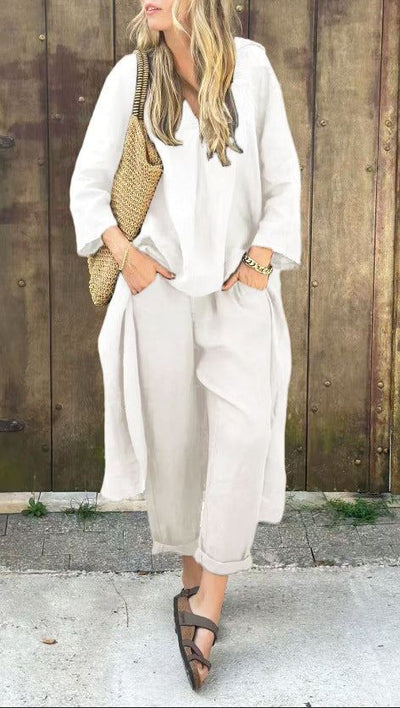 Ensemble 2 pièces femme blanc élégant et confortable avec pantalon ample et haut long, style décontracté chic.
