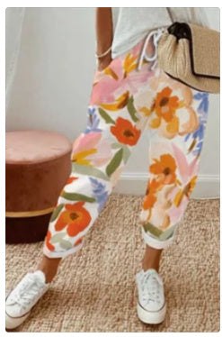 pantalon décontracté uni femme en coton et lin léger avec motifs floraux colorés, style naturel et confortable, parfait pour sorties casual