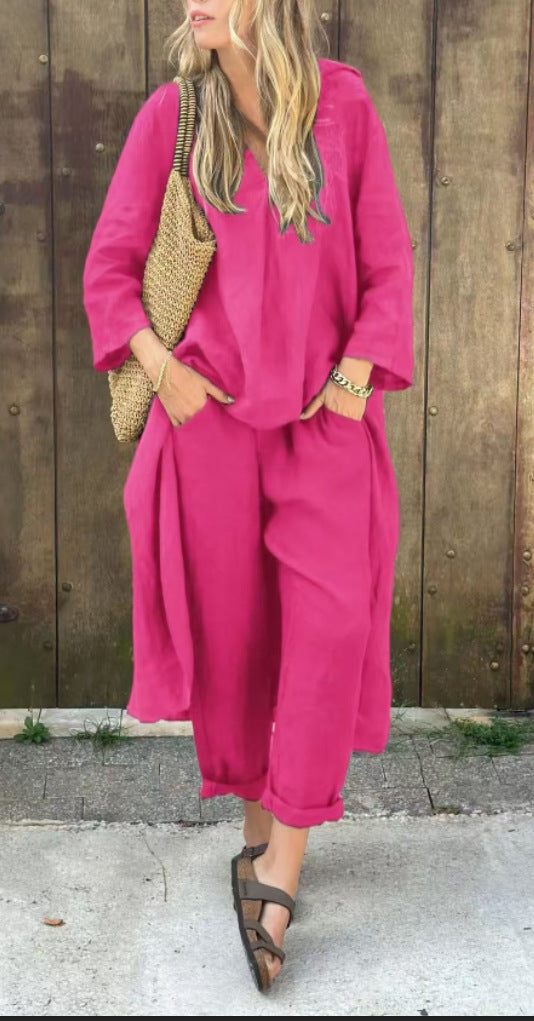 Ensemble 2 pièces femme décontracté rose fuchsia confortable avec pantalon ample et haut à manches longues.