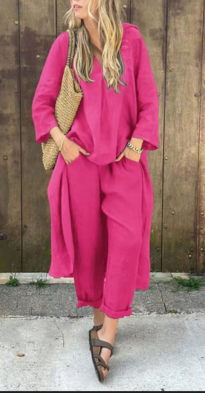 Ensemble 2 pièces femme décontracté rose fuchsia confortable avec pantalon ample et haut à manches longues.
