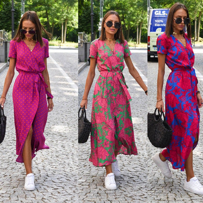 robe de plage fluide imprimé floral chic décontracté avec ceinture à nouer pour femmes